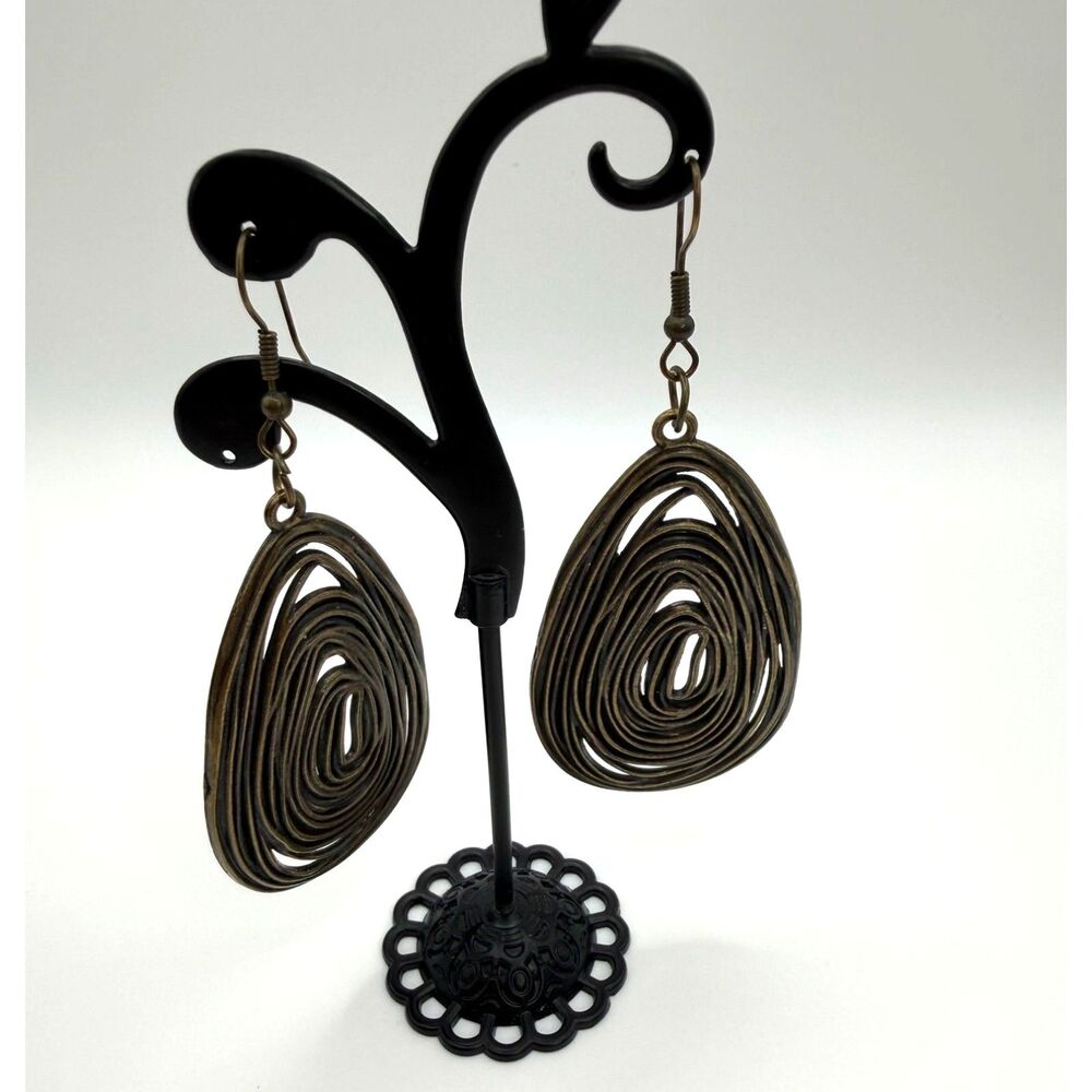 Bronze tone Spiral Teardrop Dangle Earrings Openwork Boho Statement 1.8'